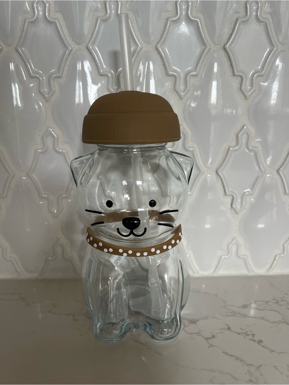 19oz Cat Glass Drink Tumbler with Straw - Tan Accents